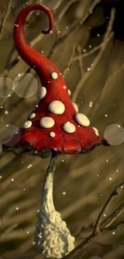 Whimsical red mushroom with white dots, branches in the background.