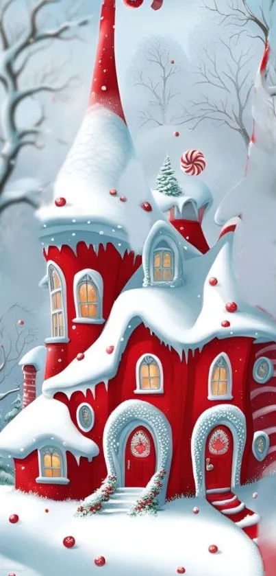 Whimsical red cottage in snowy landscape mobile wallpaper.