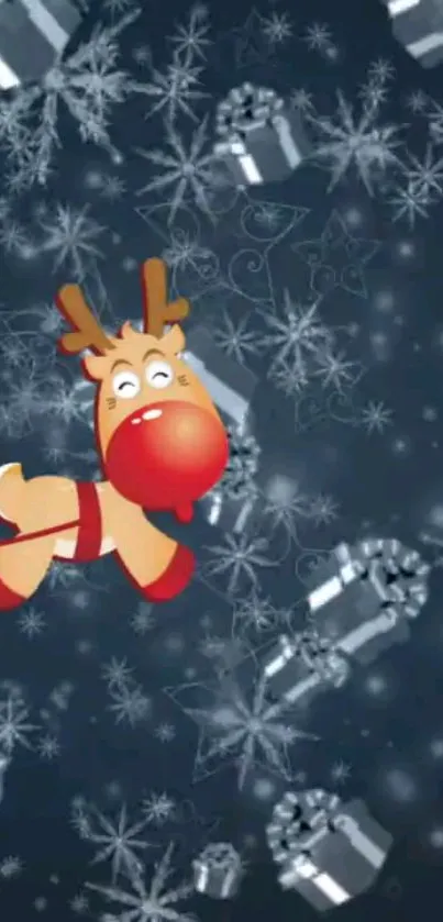 Cartoon reindeer with gifts and snowflakes on a dark blue background.