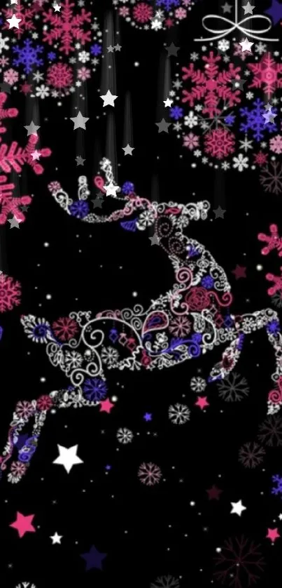 Colorful reindeer with snowflakes on a black background holiday wallpaper.