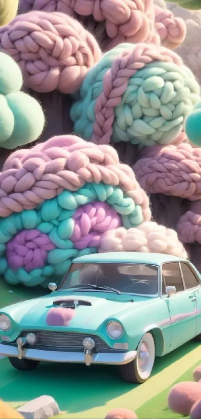 Retro car in a surreal pastel landscape with cotton-like trees.