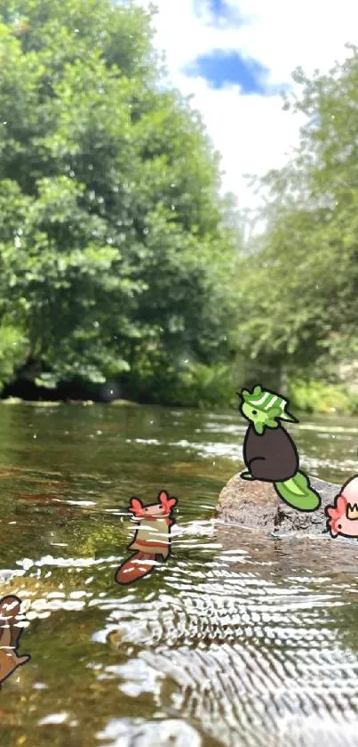 Animated creatures frolicking in a scenic river landscape.