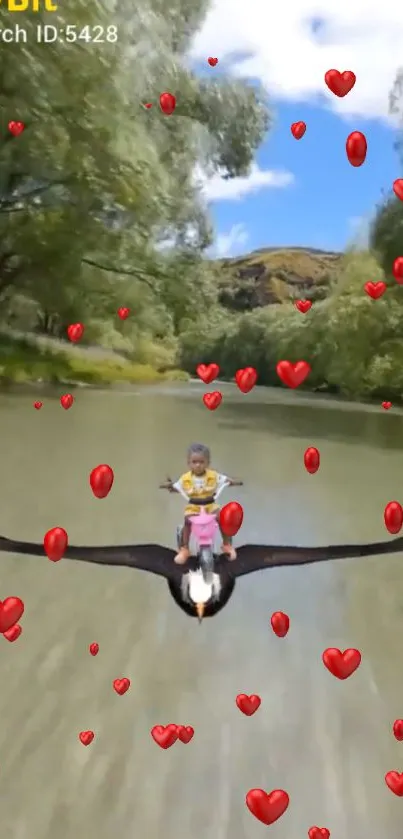 A child on an eagle flying over a river with hearts and nature scenery.