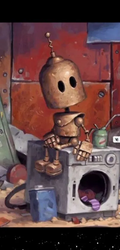 Whimsical robot sits on a washing machine in an industrial setting.