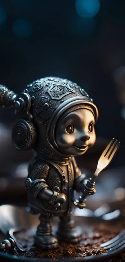 Cute whimsical robot with fork in artistic dark background.