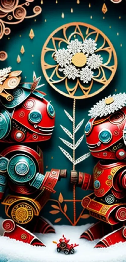 Whimsical robots with daisies in vibrant colors and intricate design.