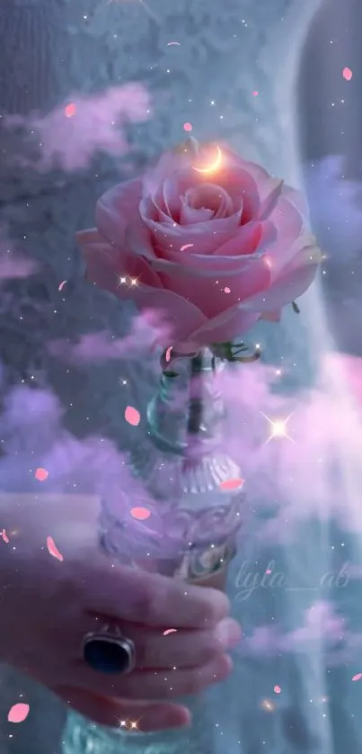 Pink rose with mystical clouds and stars on a lavender background.