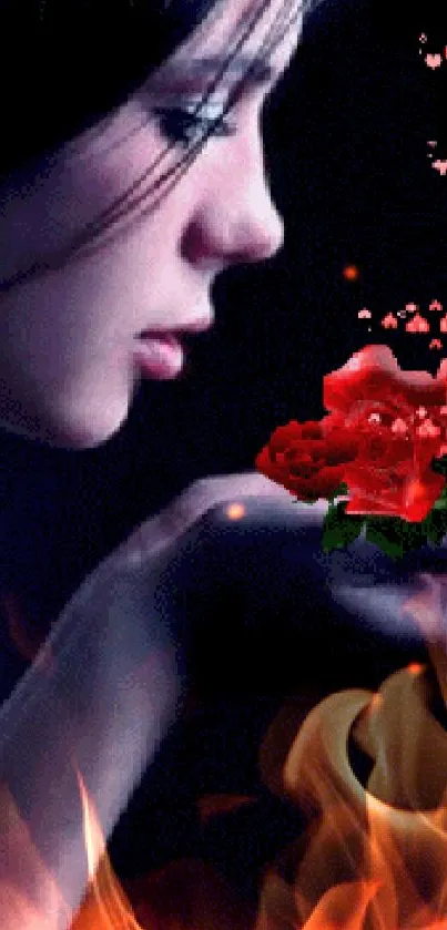 Mystical girl with glowing roses against a dark background.