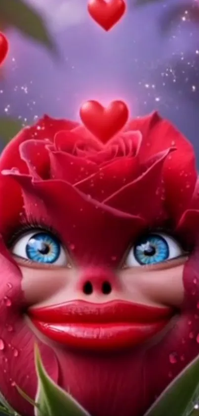 Red rose with eyes and heart motifs in whimsical setting.