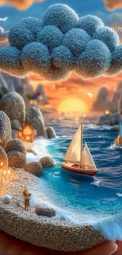 Fantasy seaside artwork with sailing boat and sunset.