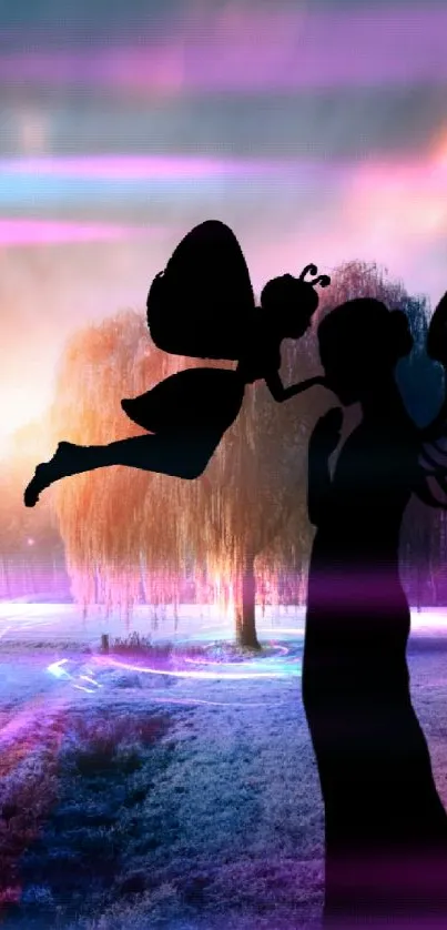 Enchanting silhouette of fairy and angel under a mystical sky on mobile wallpaper.