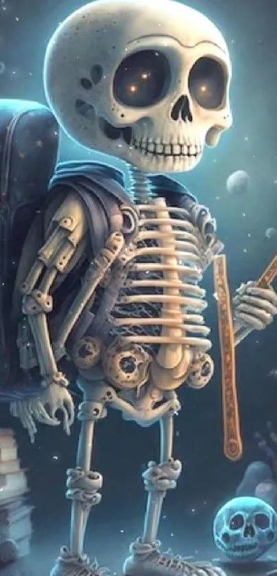 Whimsical skeleton in a cosmic adventure scene under celestial skies.