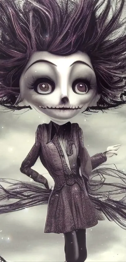 Whimsical skeleton character in gothic art style, in grayscale mobile wallpaper.