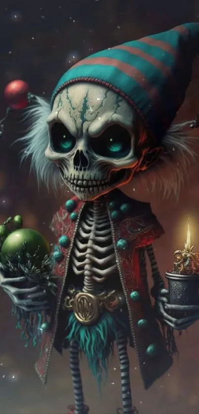 Festive skeleton in whimsical attire with dark teal hues.