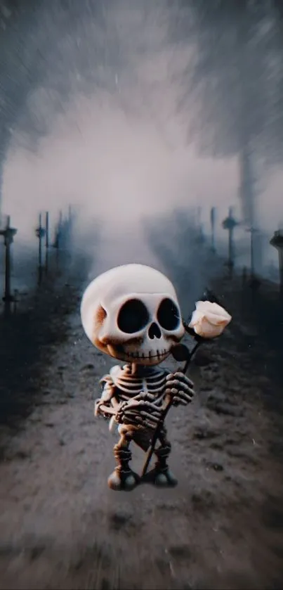 Cute skeleton holding a rose on a misty path wallpaper.