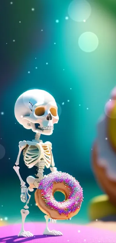 Playful skeleton with donut on vibrant mobile wallpaper.