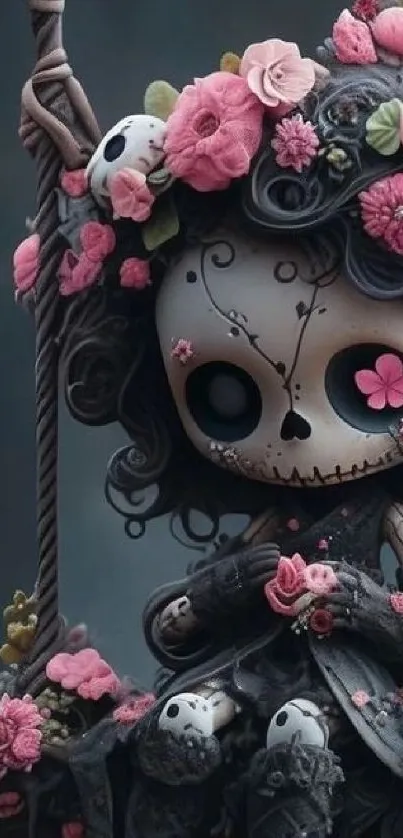Cute skull with floral decorations on phone wallpaper.