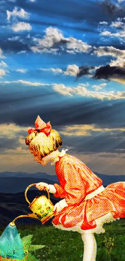 Whimsical girl in red dress watering a plant under dramatic sky.