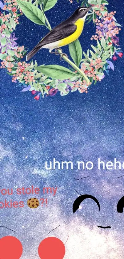 Bird and floral wreath in a cosmic sky with humorous text.