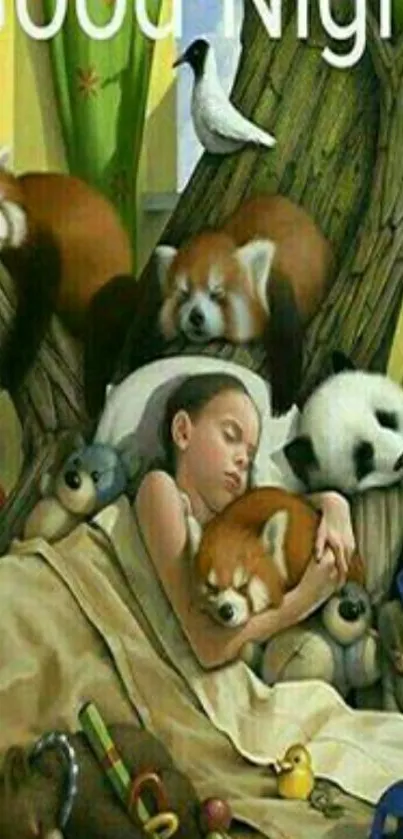 Girl sleeps surrounded by animals and toys under 'Good Night' text.