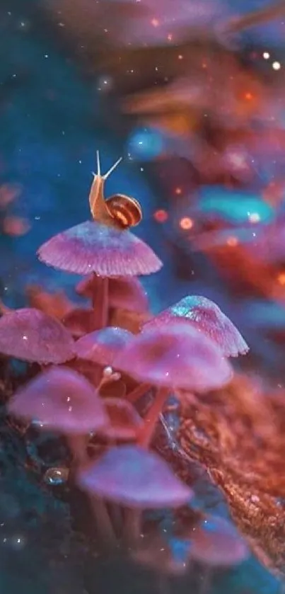 Snail on vibrant purple mushrooms in an enchanted forest scene.