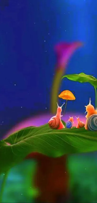 Colorful snails on a leaf with a vibrant blue background.