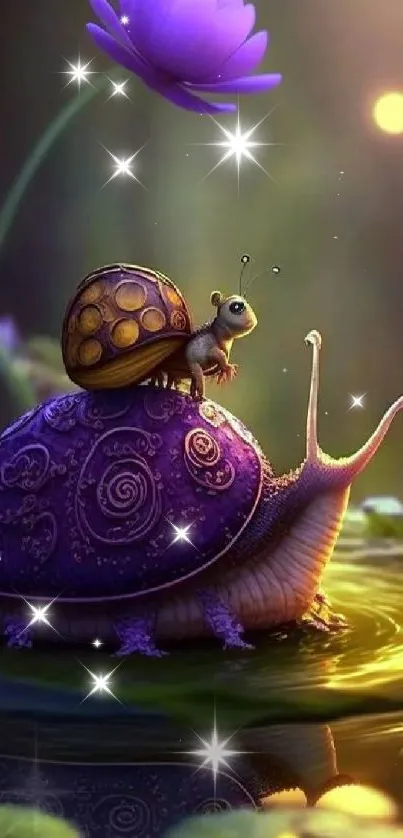 Whimsical snail under a glowing lotus with light orbs in mystical setting.