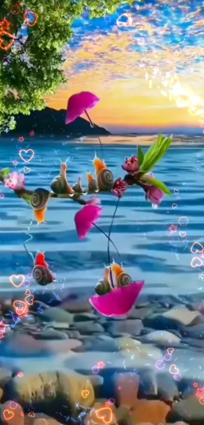 Colorful snails on branches over sunset waters with heart effects.