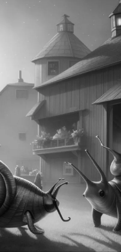 Whimsical snails under moonlight by a barn, black and white illustration.