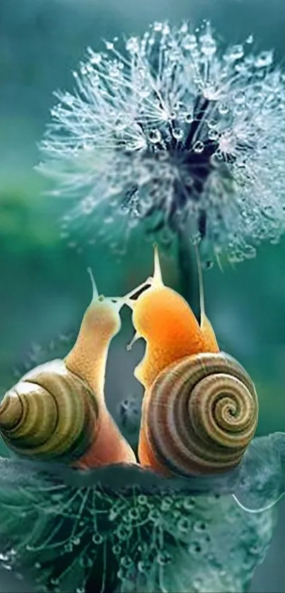 Two snails on a leaf with a dandelion in the background.