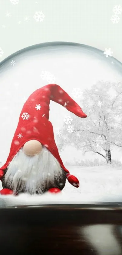 Gnome in a snow globe with a red hat in winter scene.