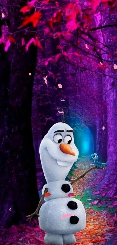 Cheerful snowman in mystical purple forest wallpaper.