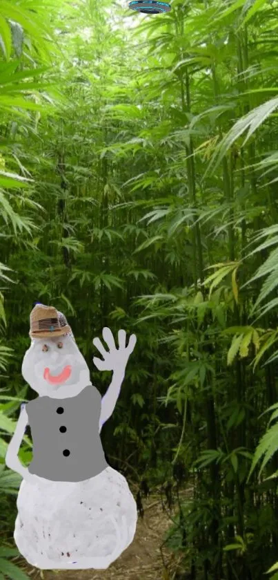 Snowman in a green bamboo forest scenery.