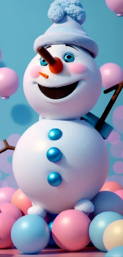 Whimsical snowman with colorful balloons on a sky blue background.