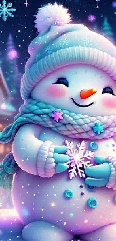 Cheerful snowman with snowflakes in a colorful winter scene.