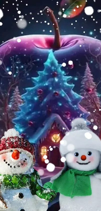 Cheerful snowmen in a magical winter setting with sparkling apple and tree.