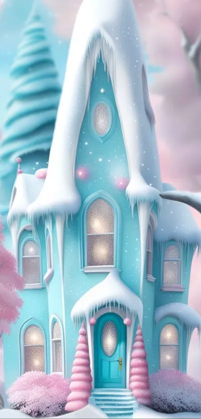 Fantasy snowy cottage with pastel colors and snow-covered roof.