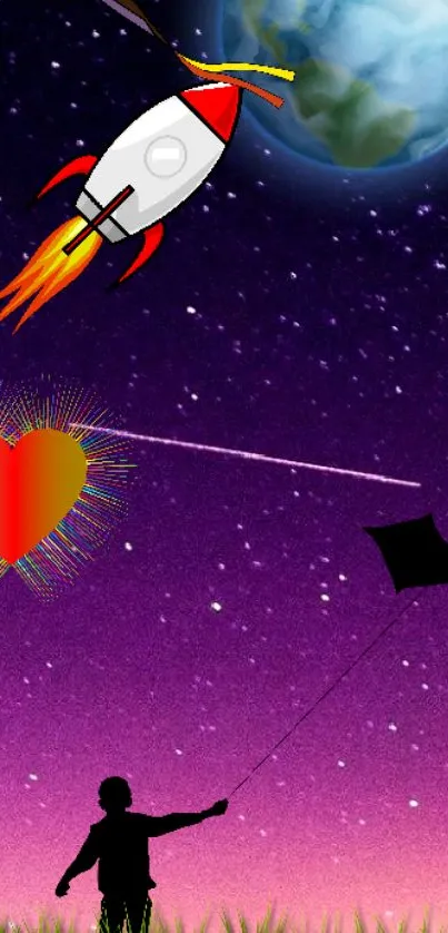 Child with kite, rocket, heart, and Earth in starry purple sky.