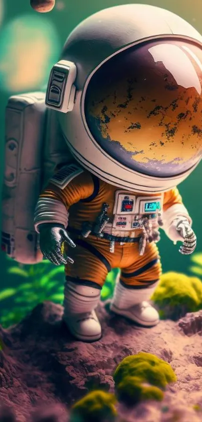 Whimsical astronaut in an alien landscape with planets overhead and vivid colors.