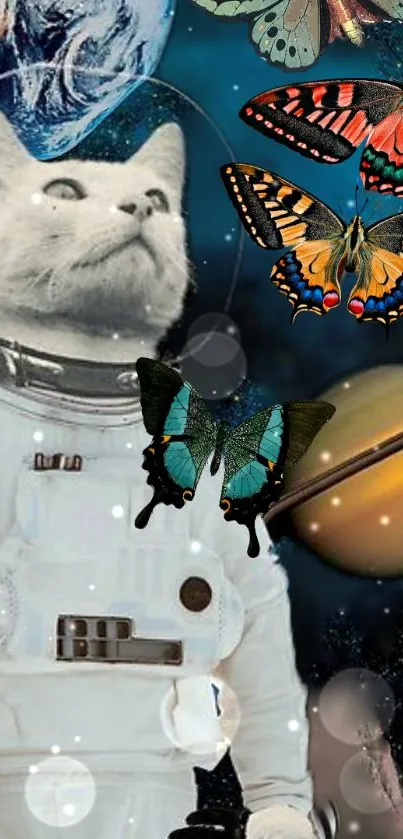 White cat astronaut with butterflies and planets in a cosmic scene.