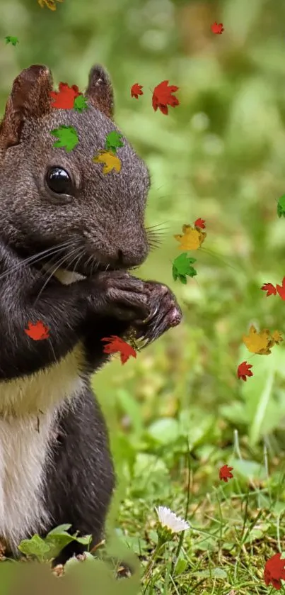 Squirrel with autumn leaves on green grass background.