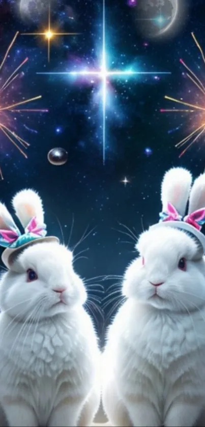 Two rabbits with bows under a starry sky with fireworks.