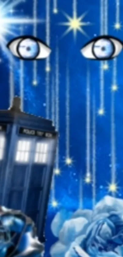 Whimsical blue wallpaper with stars and eyes.