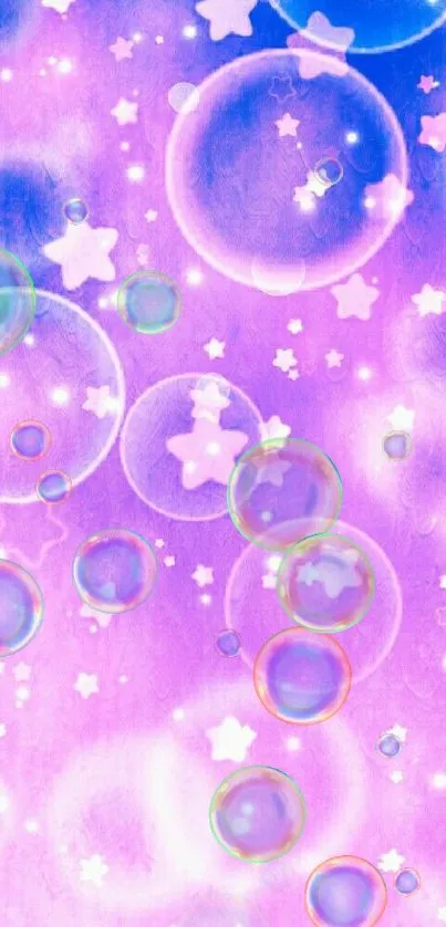 Whimsical starry galaxy wallpaper with pastel colors and bubbles.