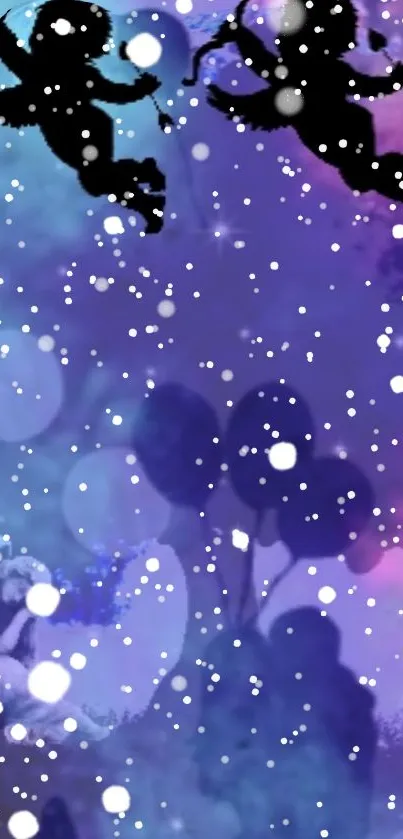 Whimsical silhouette night wallpaper with stars and dreamy purple tones.