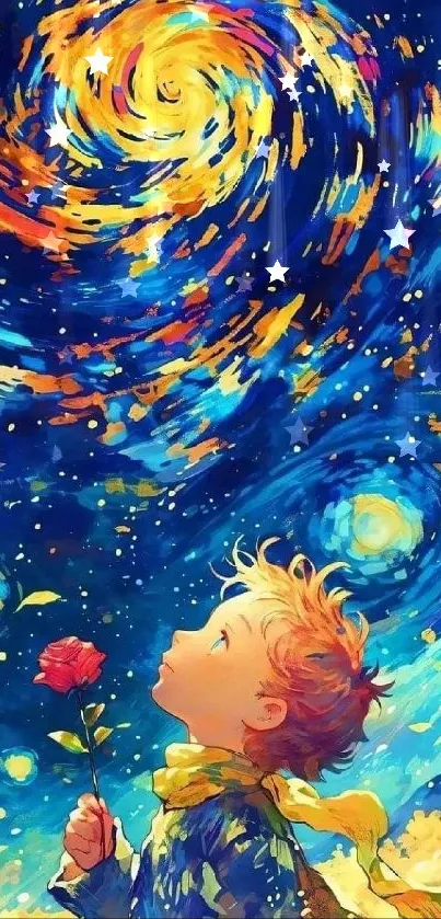 Child gazing at swirling starry night sky with vibrant colors.