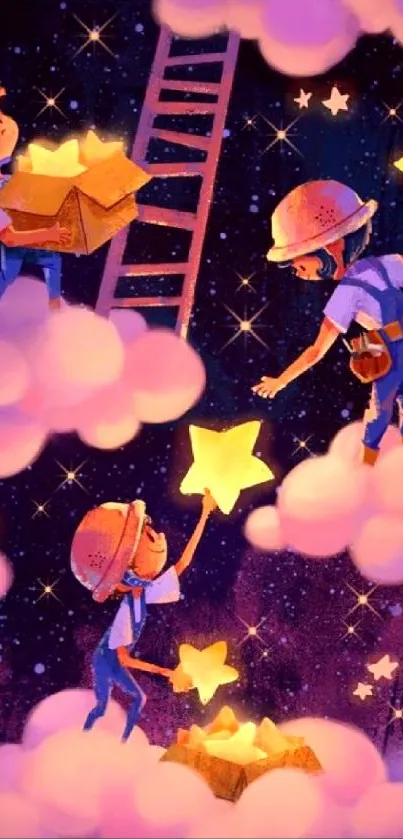 Whimsical scene of characters collecting stars on clouds at night.