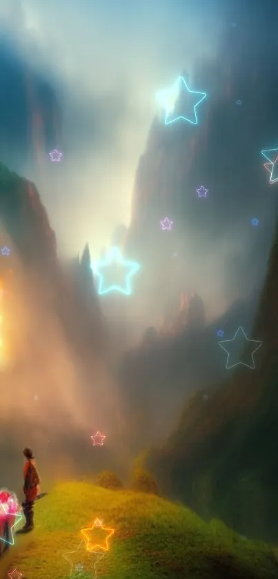 Mystical valley with glowing stars and vibrant, enchanting landscape.