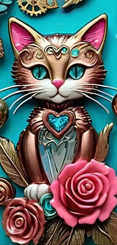 Whimsical steampunk cat art wallpaper with roses and gears.