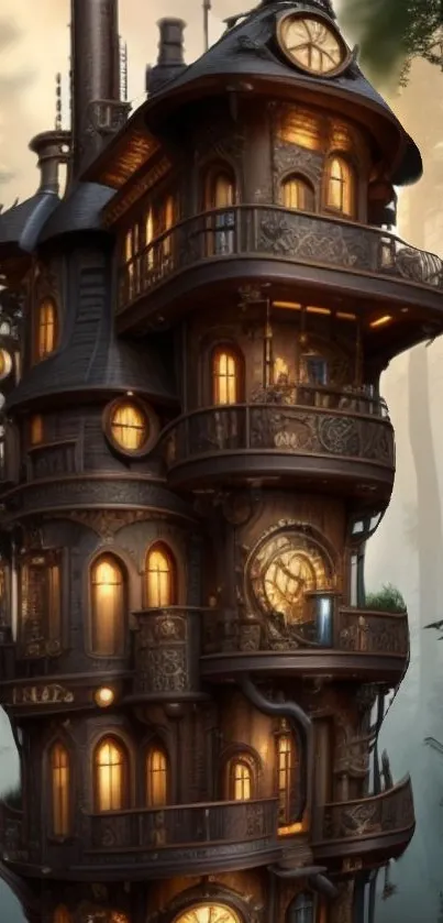 Steampunk tower with clockwork details in a forest setting.